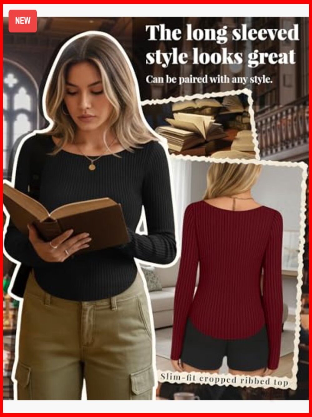 3 Pack Boat Neck Long Sleeve Ribbed Crop Tops Curved Hem Layering Tees - Picture 4 of 7